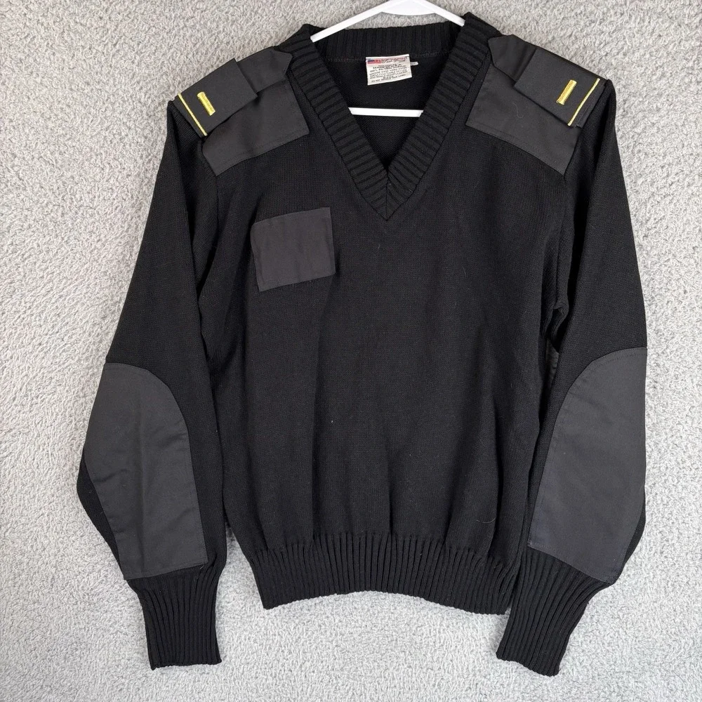 Commando by Jack Young Sweater Mens L Black Military V Neck Knit Elbow Patches
